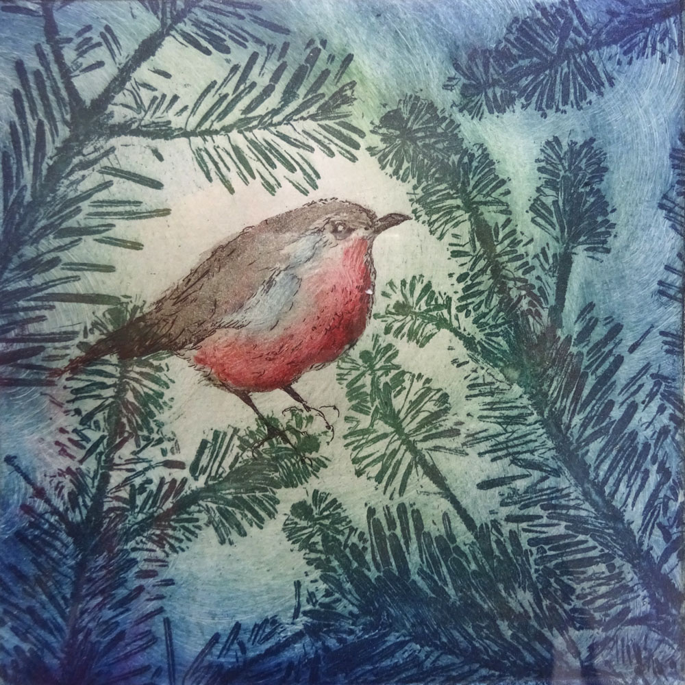 Etching of a robin in a Christmas tree.